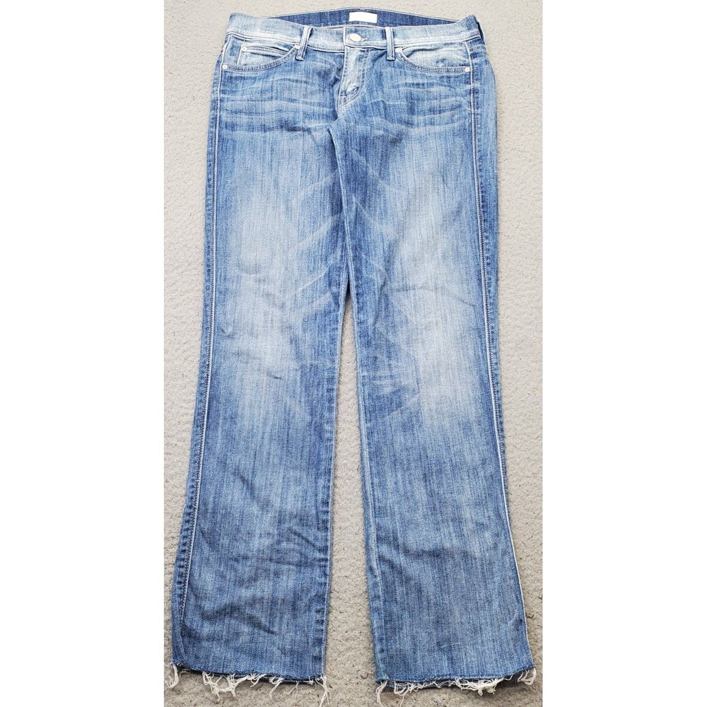 MOTHER Bootcut Jeans Women 26 Blue Denim Faded Medium Wash Frayed Hem Streetwear